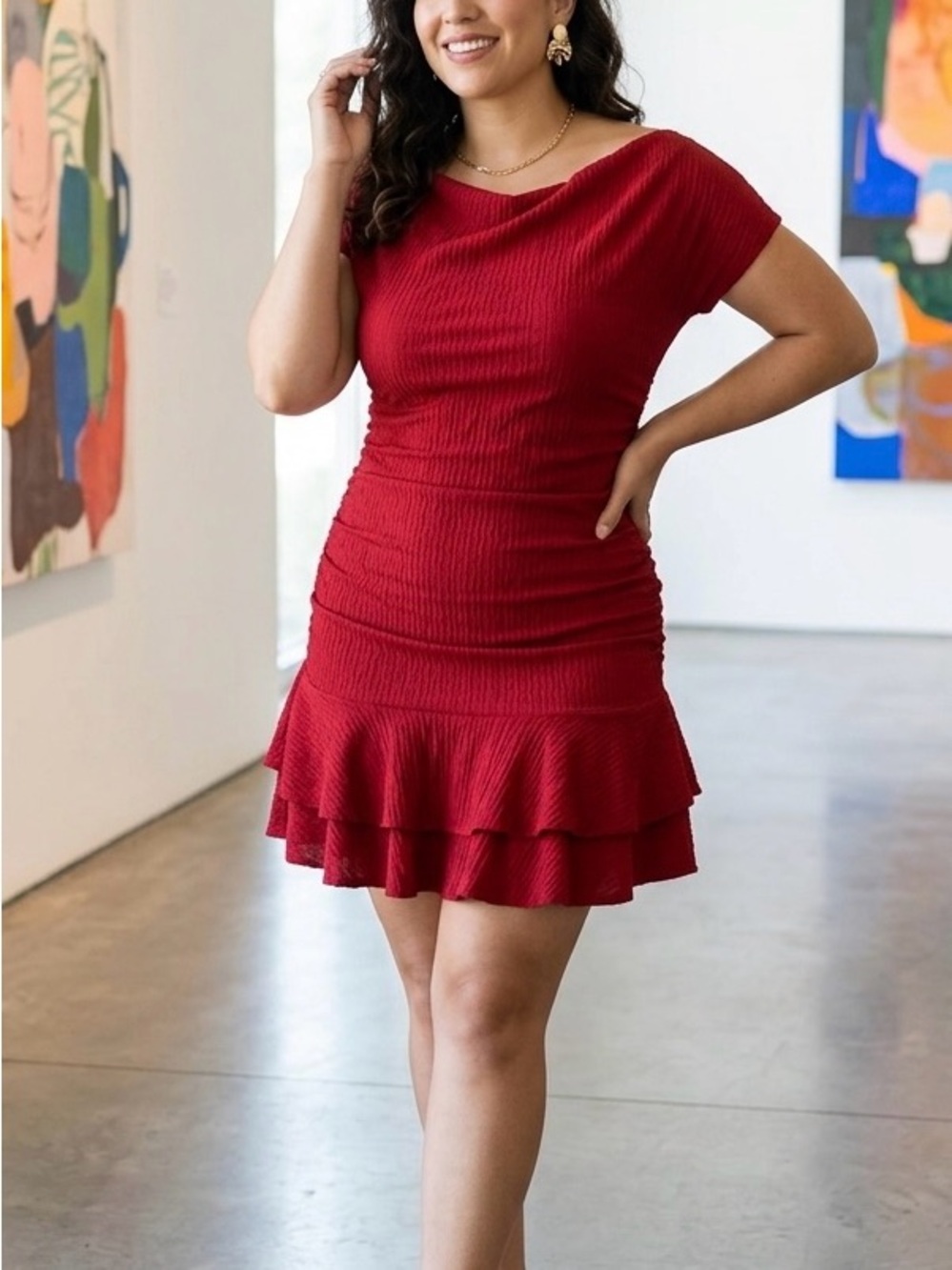 Red Short Sleeve Ruffle-Hem Dress - Women